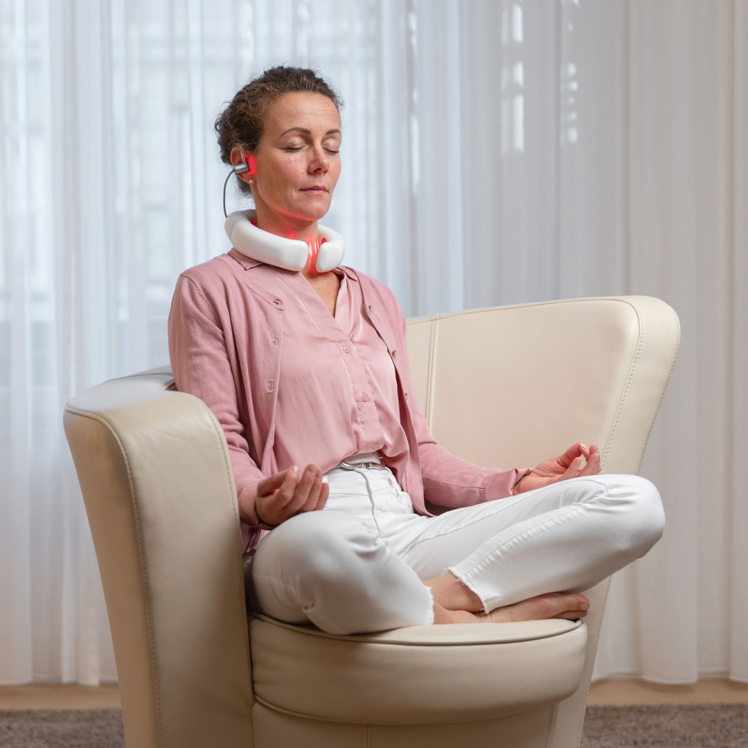 Frau sitzt entspannt im Wohnzimmer und nutzt den LumoHome Laser zur sanften Anwendung am Innenohr.“